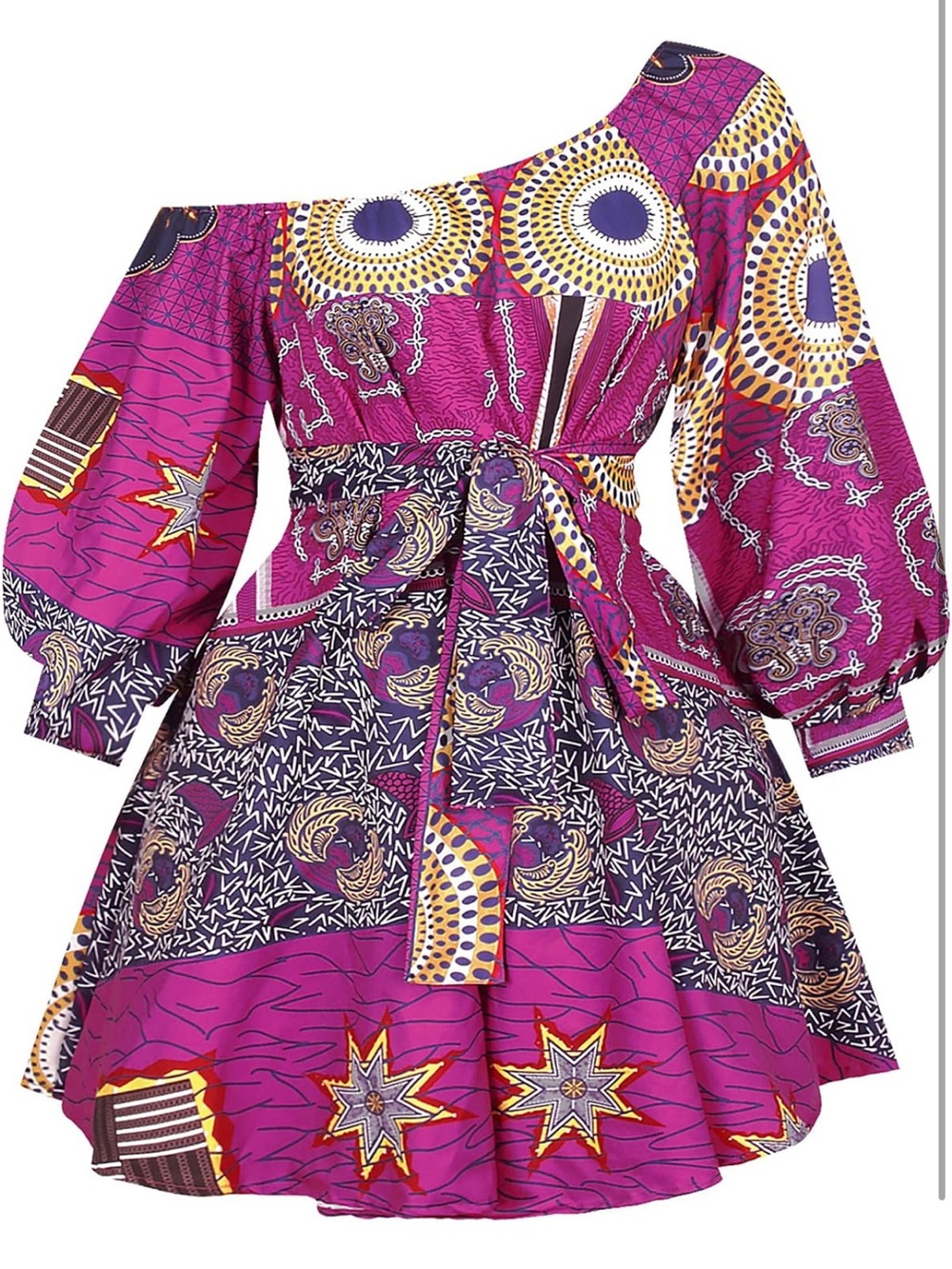 One-Shoulder Purple Patterned Fit & Flare Dress
